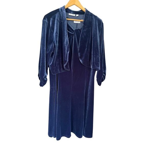 Susan Graver XL Velvet Velour 2 Piece Set Jacket Shell Blue Midi Dress Office - Picture 1 of 14